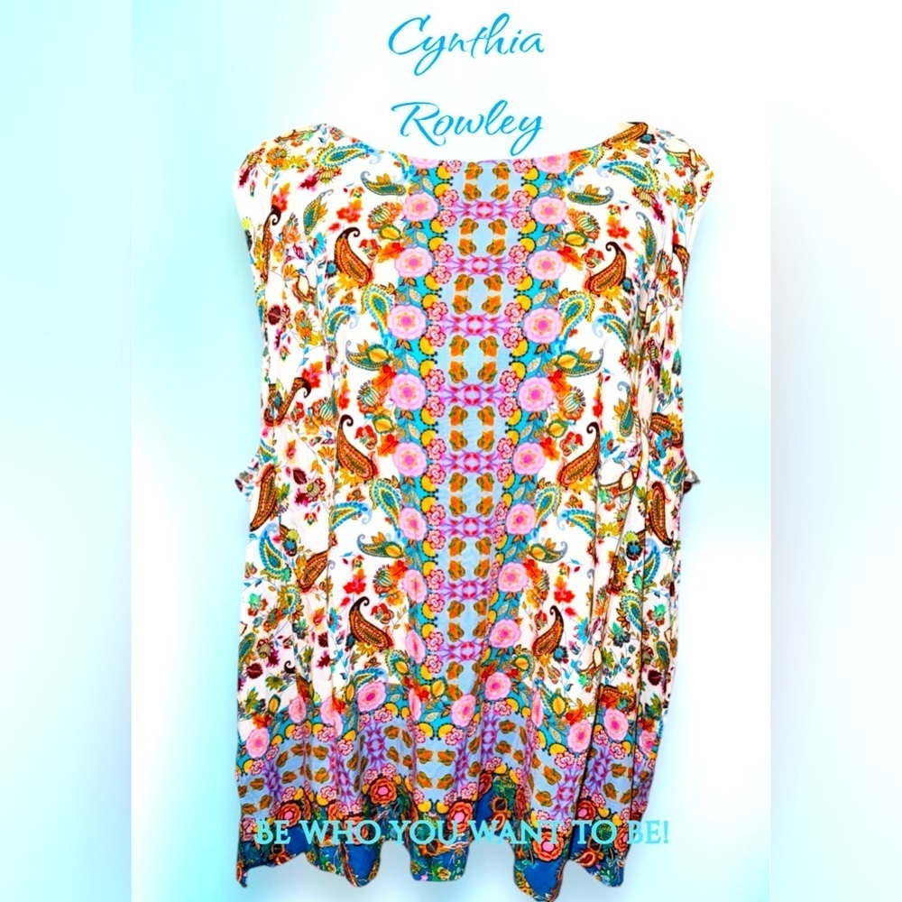 Cynthia Rowley Size 2X Multicolor Floral Sleeveless Tank Button Back EUC